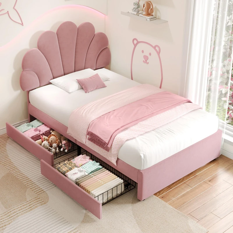 Ball & Cast 3ft Girls Single Bed with Storage, Pink Single Storage Bed Frame, Upholstered Bed with Adjustable Chic Petal Headboard, 2 Drawers, with Solid Wood Slat, Velvet Fabric, Pink/90CM*190CM