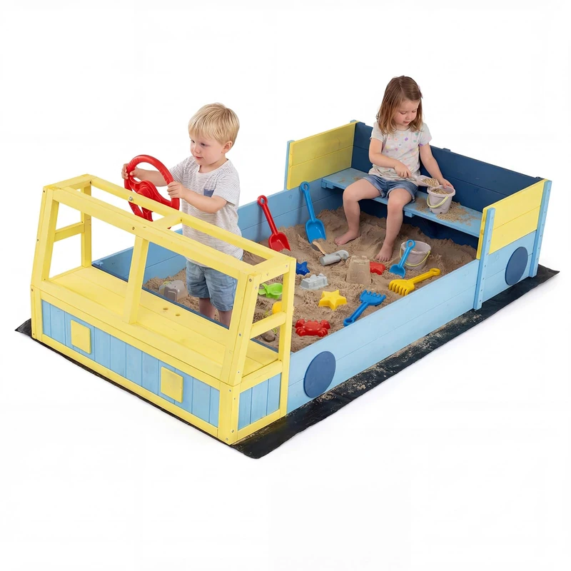 FANTASK Solid Wood Sand Pit, Play Box with Rotating Steering Wheel & Bench, Storage Space & Groundsheet, Fire Engine Design, Children's Outdoor Sandpit