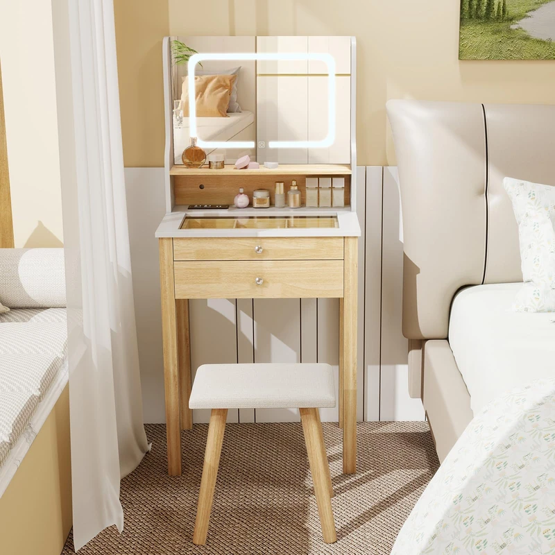 RELAX4LIFE Makeup Vanity Dressing Table Set, Compact Vanity Table with 3-Color LED Lights Mirror, Charging Station & Tempered Glass Top, Mini Wooden Makeup Desk and Bedroom Cosmetics Dresser