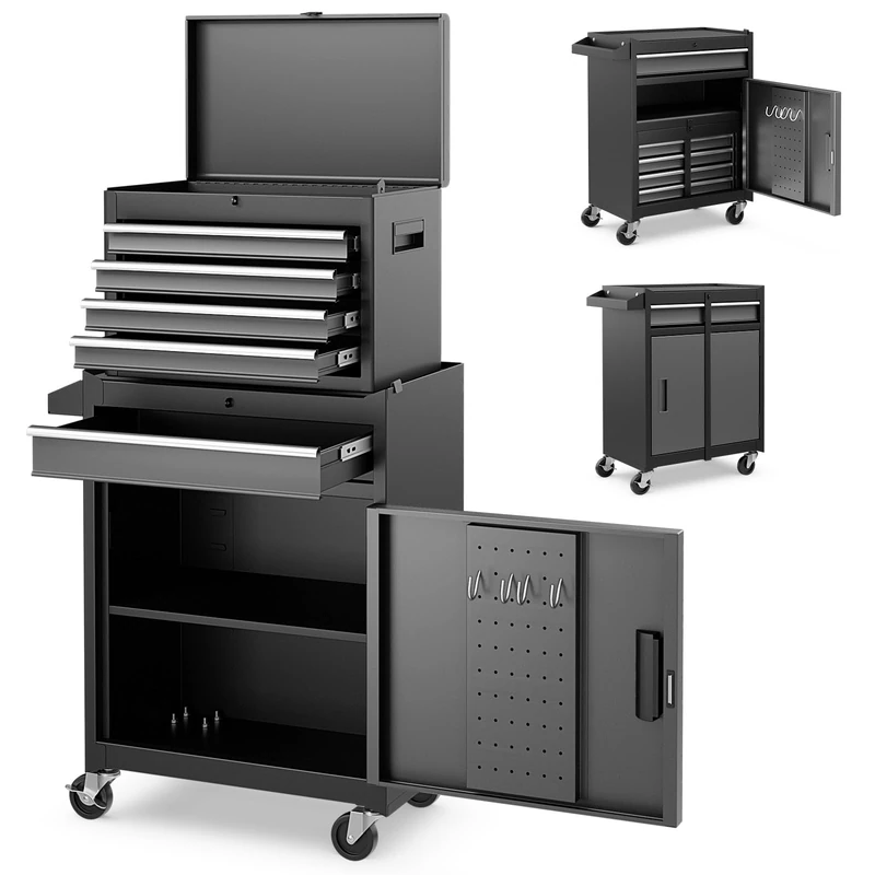 GiantexUK Tool Cabinet, 2 in 1 Lockable Metal Tool Chest with Removable Top Cabinet, Wheels, 5/6 Drawers, Pegboard & Hooks, Heavy-duty Rolling Tool Box Trolley (with Adjustable Shelf, Black+Grey)
