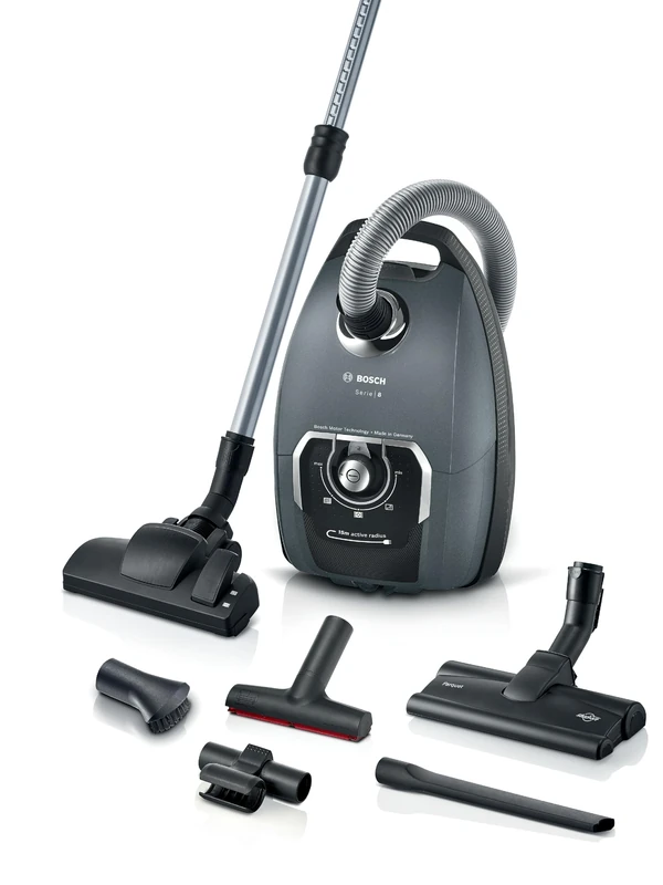 Bosch BGL75X1PRQ Series 8 Vacuum Cleaner with Bag for Allergy Sufferers, Hygiene Filter, Hard Floor Nozzle, XXL Upholstery Nozzle, XXL Crevice Tool, Long Cable, Made in Germany, Quiet, Grey