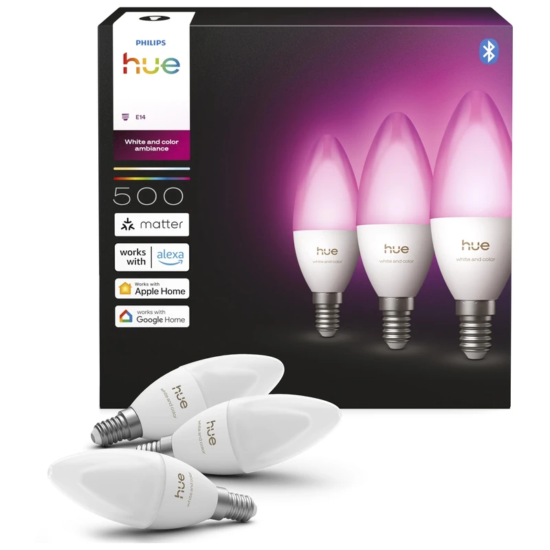 Philips Hue Smart LED Candle Bulb, B39, E14, 3 Pack, White and Color Ambiance, Full Spectrum Light 1000 K-20000 K, 500 lm, Ultra-Low Dimming, Chromasync, Alexa, Google Home, Apple Home - Image 1