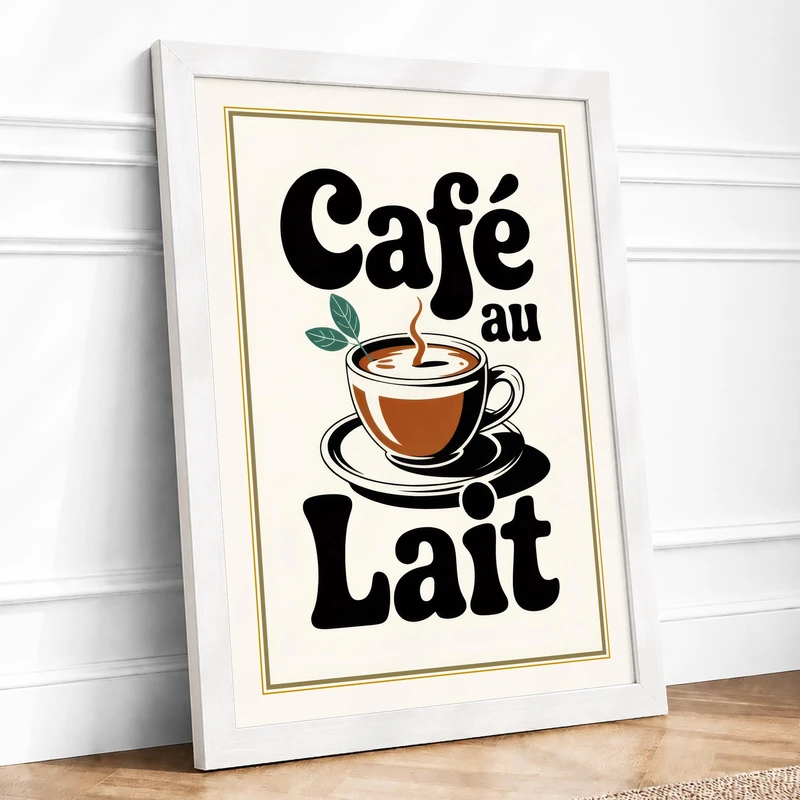 Café au Lait Vintage Framed Wall Art Print A1 (84.1×59.4cm) White, Wall Decor for Living Room, Bedroom, Office & Home, Ready to Hang, Art Gift - Image 1