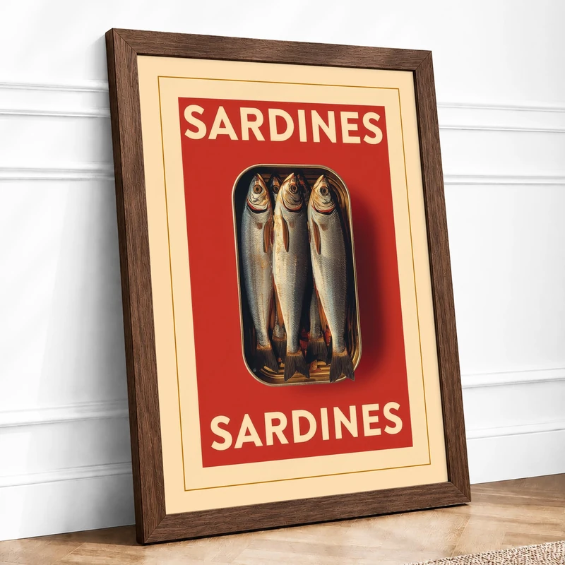 Sardines Poster Vintage Framed Wall Art Print A1 Walnut