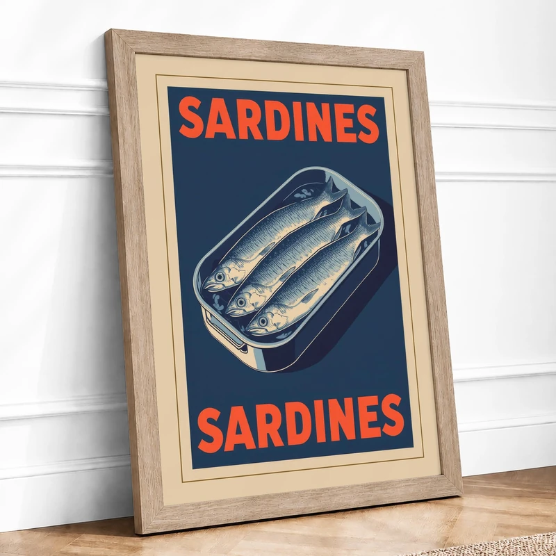 Sardines Poster Vintage Framed Wall Art Print A1 (84.1×59.4cm) Oak, Wall Decor for Living Room, Bedroom, Office & Home, Ready to Hang, Art Gift