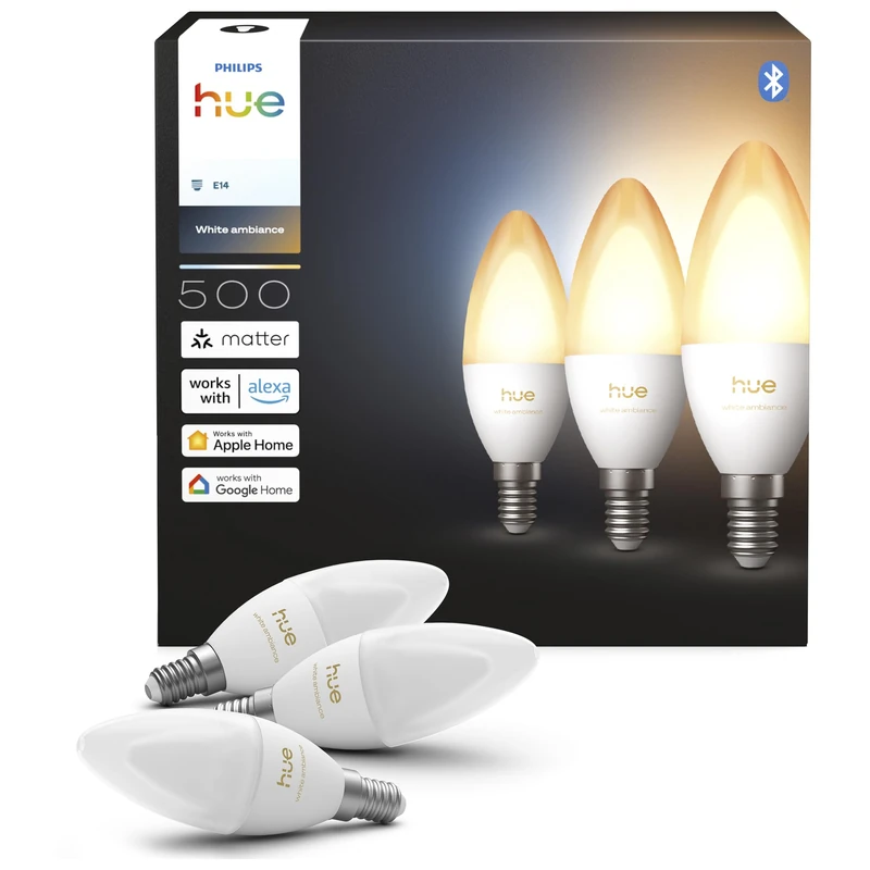 Philips Hue Smart LED Candle Bulb, B39, E14, 3 Pack, White Ambiance, Full Spectrum Light 1000 K-20000 K, 500 lm, Ultra-Low Dimming, Alexa, Google Home, Apple Home - Image 1