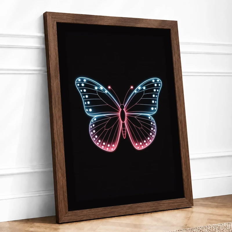 Neon Butterfly Framed Wall Art Print A1 Walnut
