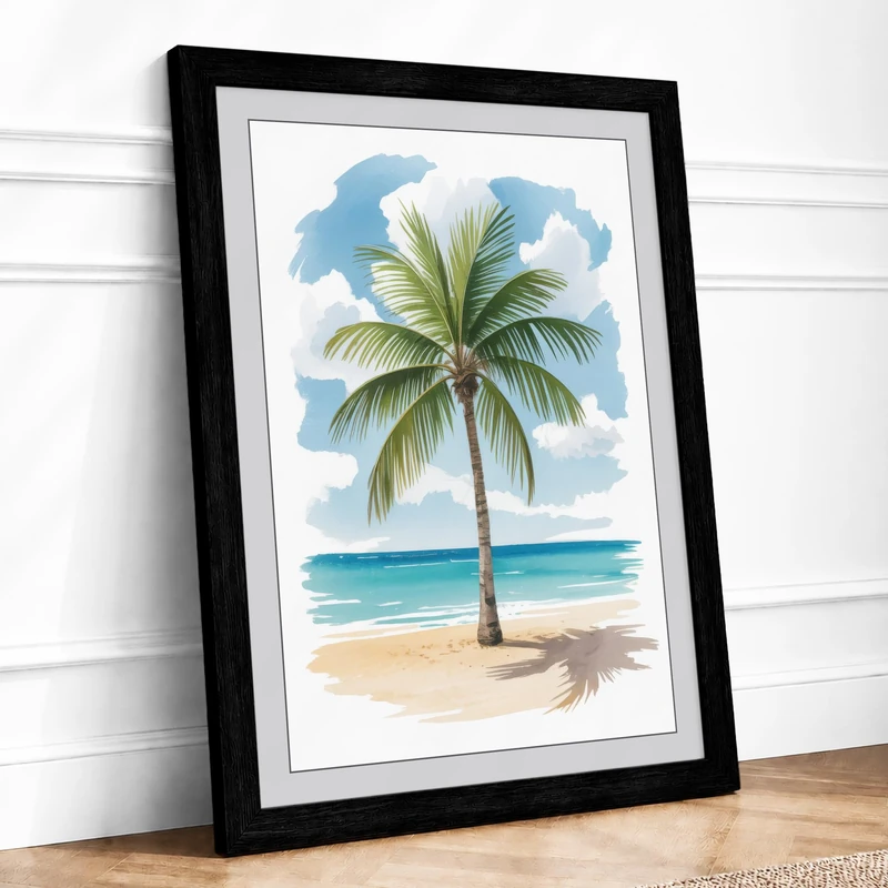 Solitary Palm Coastal Framed Wall Art Print A1 (84.1×59.4cm) Black, Wall Decor for Living Room, Bedroom, Office & Home, Ready to Hang, Art Gift - Image 1