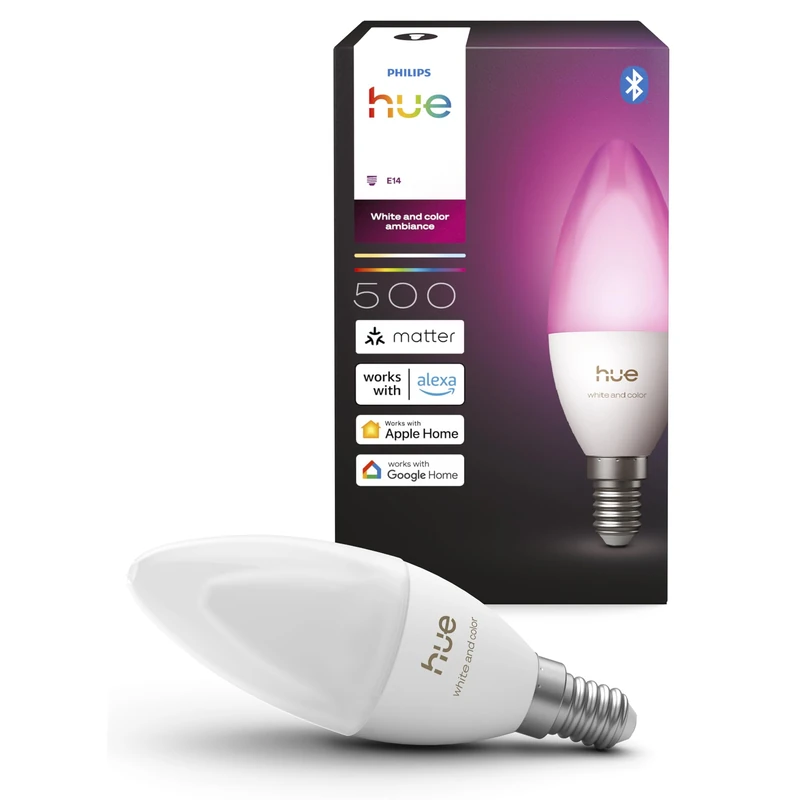 Philips Hue Smart LED Candle Bulb, B39, E14, 1 Pack, White and Color Ambiance, Full Spectrum Light 1000 K-20000 K, 500 lm, Ultra-Low Dimming, Chromasync, Alexa, Google Home, Apple Home - Image 1