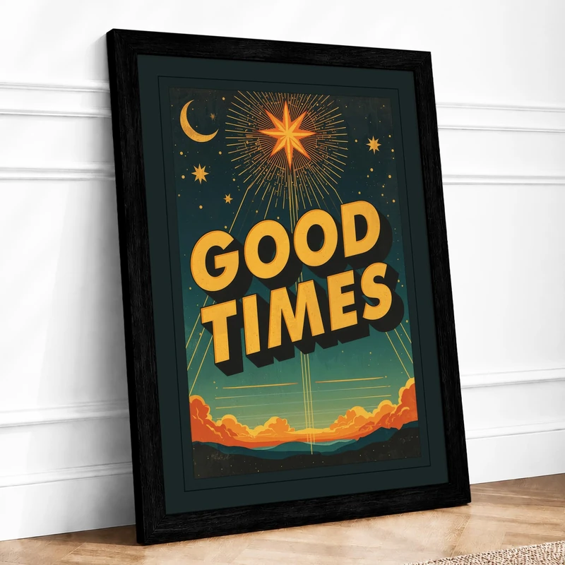 Good Times Rising Retro Framed Wall Art Print A1 (84.1×59.4cm) Black, Wall Decor for Living Room, Bedroom, Office & Home, Ready to Hang, Art Gift