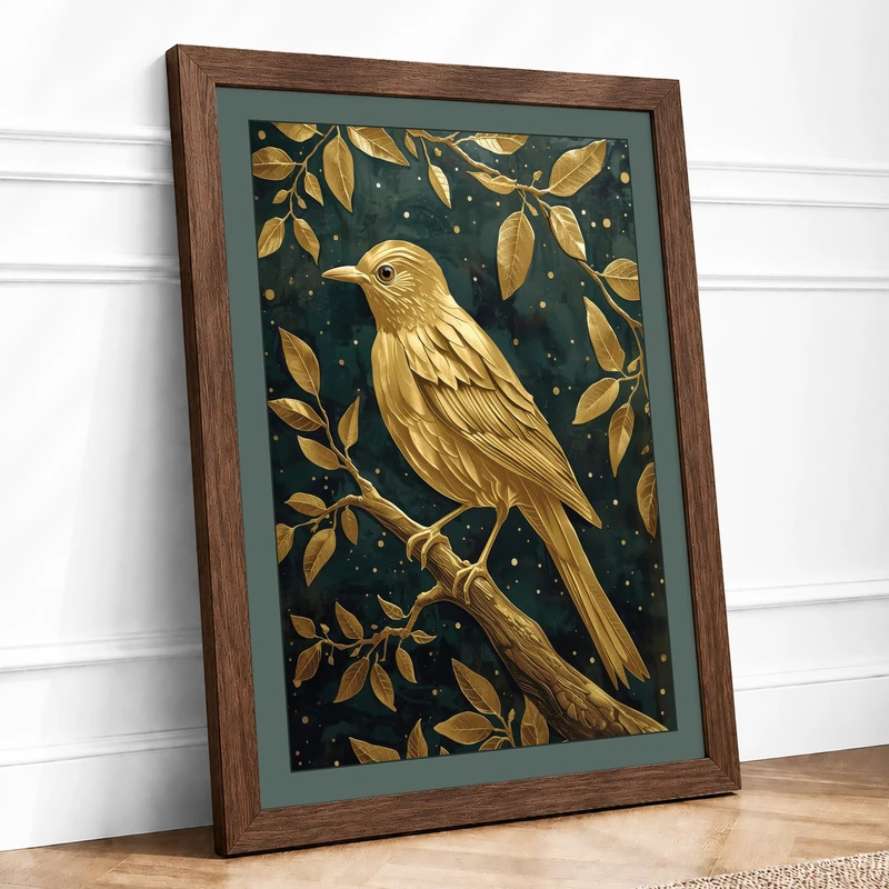 Golden Songbird Japandi Framed Wall Art Print A1 (84.1×59.4cm) Walnut,