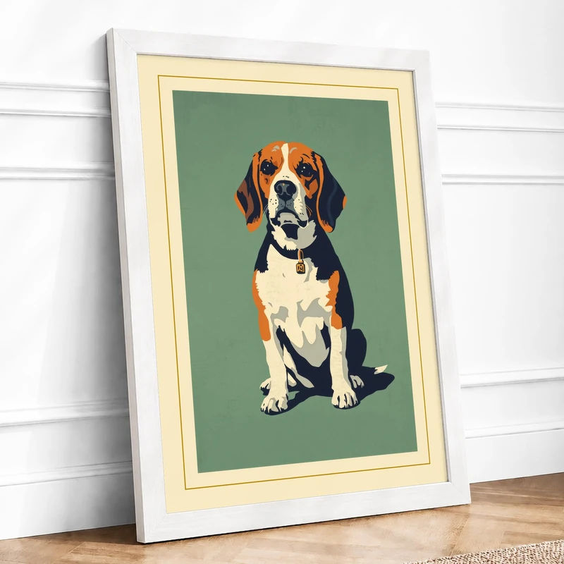 Beagle Portrait Vintage Framed Wall Art Print A1 (84.1×59.4cm) White, Wall Decor for Living Room, Bedroom, Office & Home, Ready to Hang, Art Gift - Image 1