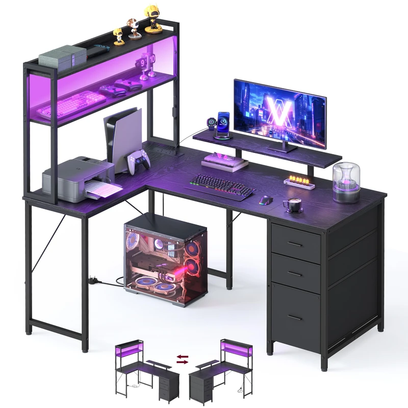 VASAGLE L-Shaped Computer Desk with LED Lights and Power Outlets, Corner Gaming Desk with 3 Drawers and Monitor Stand, 140 x 100 x 150 cm, Black, Barnet Collection LWD162B102