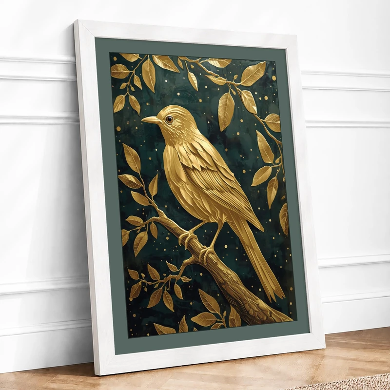 Golden Songbird Japandi Framed Wall Art Print A1 (84.1×59.4cm) White,