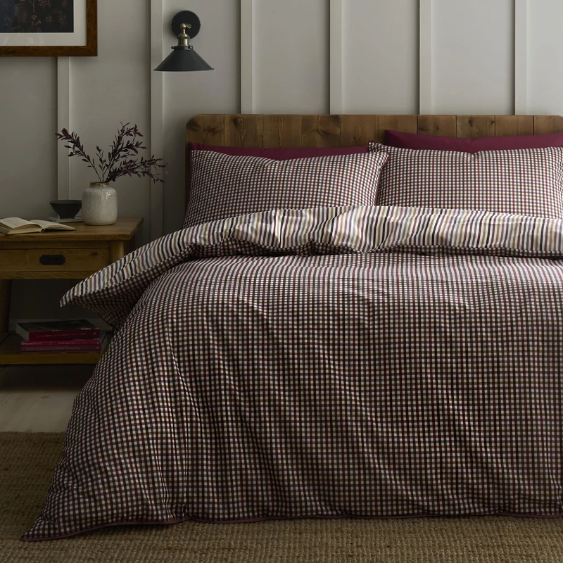 Appletree Loft Micro Check Berry Duvet Cover Set King – Piping Trim Bedding – Breathable Cotton – Includes 1 Duvet Cover (220 x 230cm) & 2 Pillowcases – Berry Check Bedroom Set - Image 1