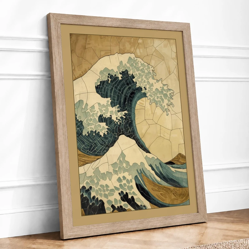 Great Wave in Blue Japandi Framed Wall Art Print A1 (84.1×59.4cm) Oak, Wall Decor for Living Room, Bedroom, Office & Home, Ready to Hang, Art Gift