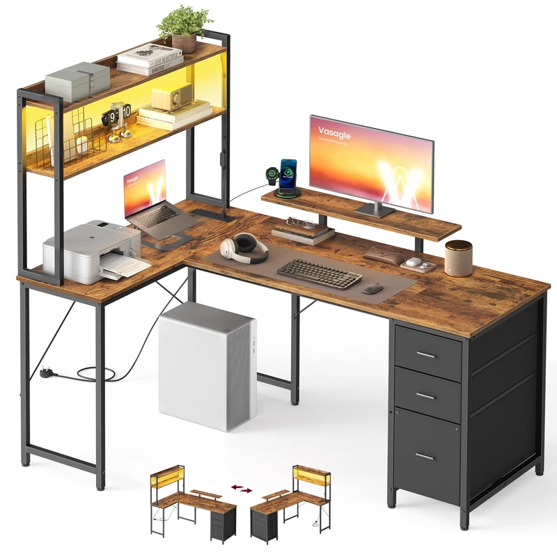 VASAGLE L-Shaped Computer Desk with LED Lights and Power Outlets, Corner Gaming Desk with 3 Drawers and Monitor Stand, 160 x 100 x 150 cm, Rustic Brown and Black, Barnet Collection LWD163K102