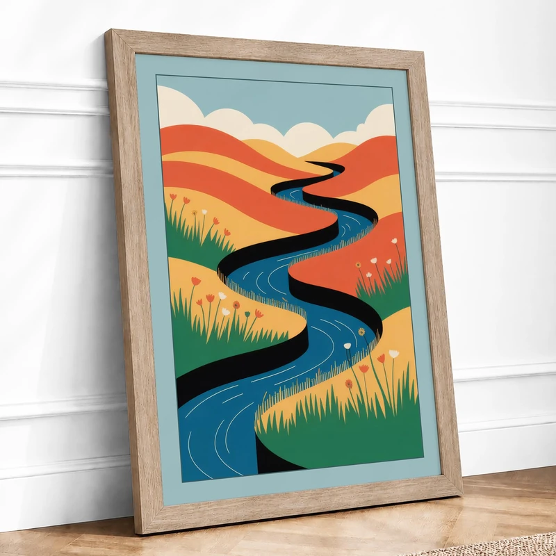 River Through Golden Hills Framed Wall Art Print A1 Oak