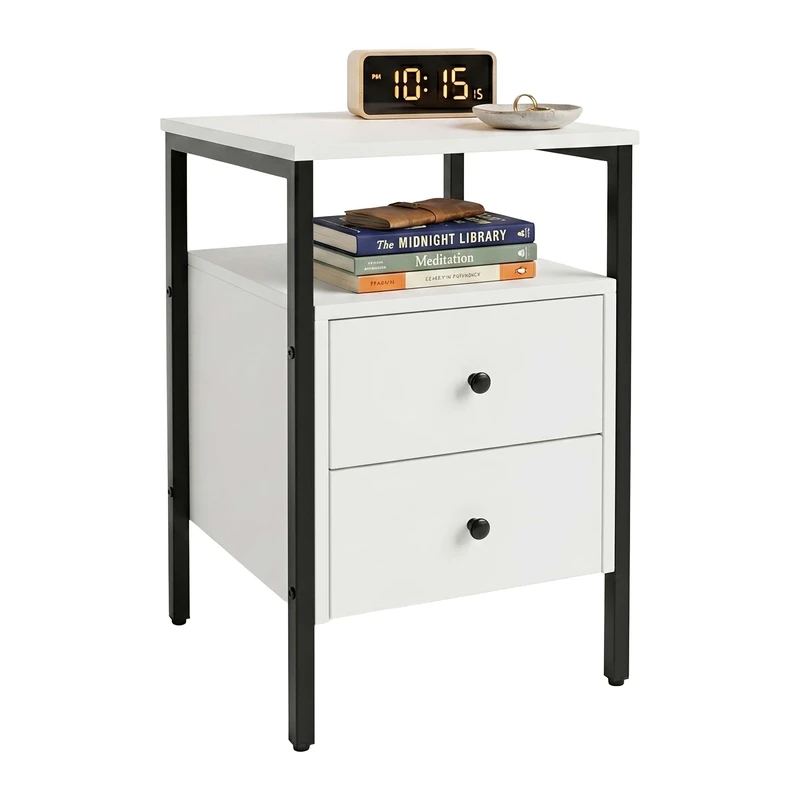 Relaxdays bedside table, 2 drawers, open shelves, HxWxD: 61 x 40 x 40 cm, bedroom, white/black - Image 1