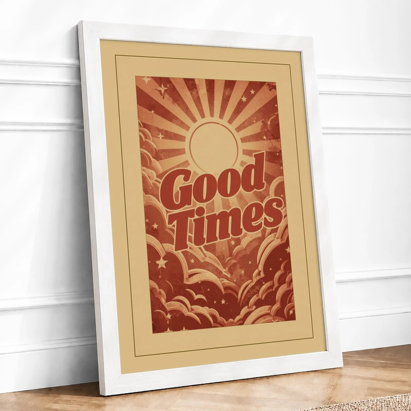 Good Times Sunburst Retro Framed Wall Art Print A1 (84.1×59.4cm) White, Wall Decor for Living Room, Bedroom, Office & Home, Ready to Hang, Art Gift - Image 1