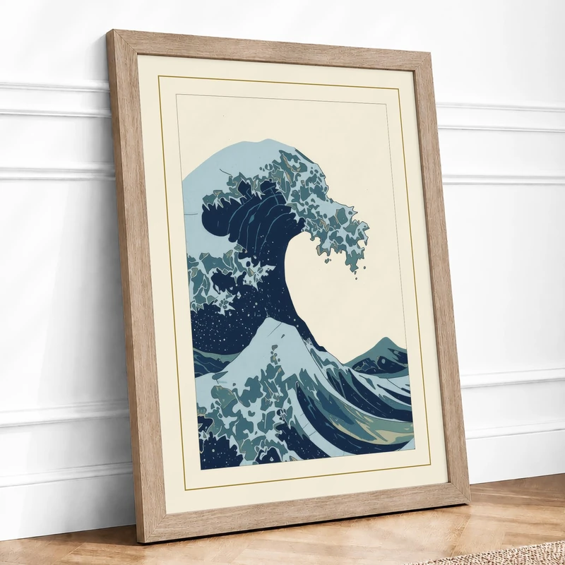 The Great Wave Japandi Framed Wall Art Print A1 Oak