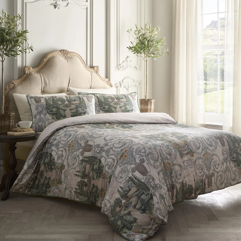 Laurence Llewelyn-Bowen Tuscan Garden Green Duvet Cover Set Double – Trees Piping Trim Bedding – Breathable Cotton – Includes 1 Duvet Cover (200 x 200cm) & 2 Pillowcases – Green Trees Bedroom Set - Image 1
