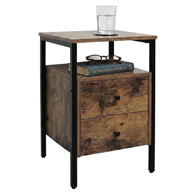 Relaxdays bedside cabinet, 2 drawers, open shelves, HxWxD: 61 x 40 x 40 cm, bedroom, brown/black - Image 1