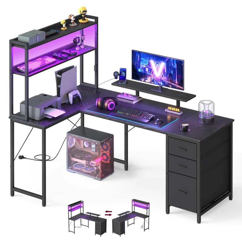 VASAGLE L-Shaped Computer Desk with LED Lights and Power Outlets, Corner Gaming Desk with 3 Drawers and Monitor Stand, 160 x 100 x 150 cm, Black, Barnet Collection LWD163B102