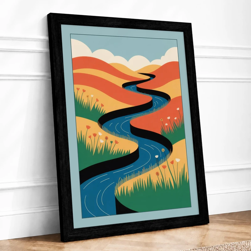 River Through Golden Hills Framed Wall Art Print A1 Black