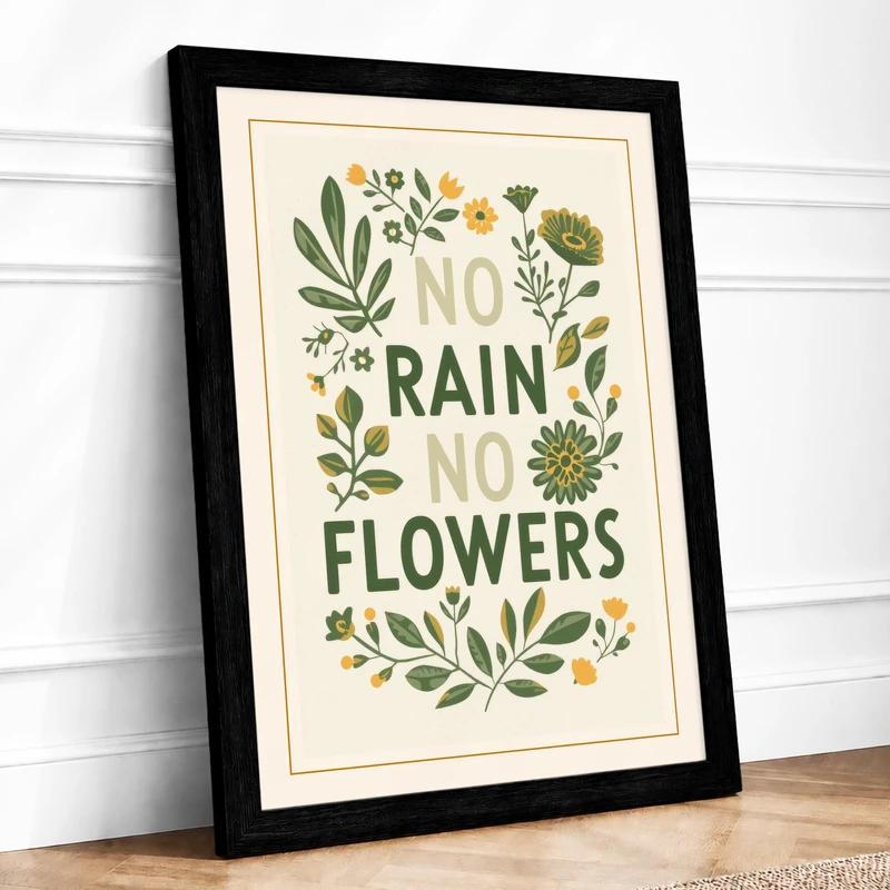 No Rain No Flowers Botanical Framed Wall Art Print A1 (84.1×59.4cm) Black, Wall Decor for Living Room, Bedroom, Office & Home, Ready to Hang, Art Gift