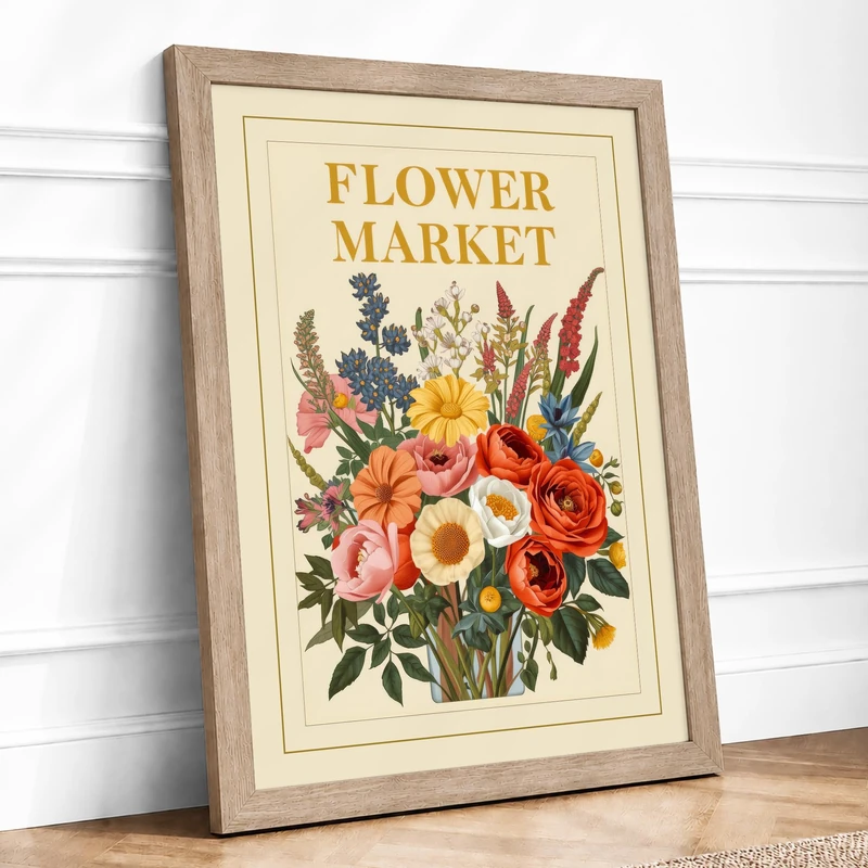 Flower Market Botanical Framed Wall Art Print A1 Oak