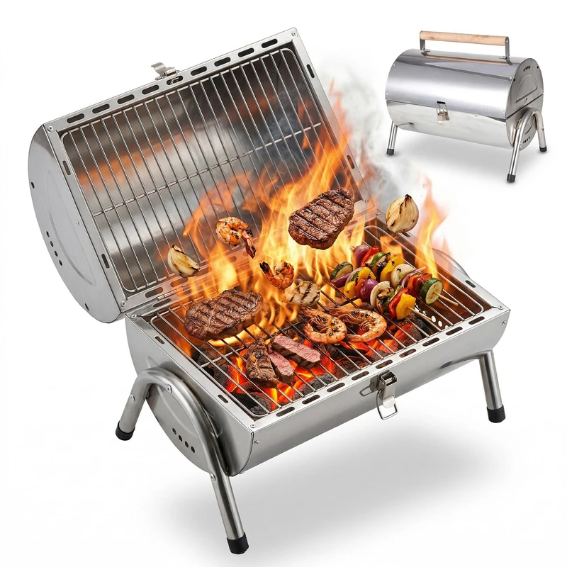 Relaxdays Table Grill, 2 grill plates 34×21.5cm, camping & outdoor, foldable grill & smoker, wooden handle, stainless - Image 1