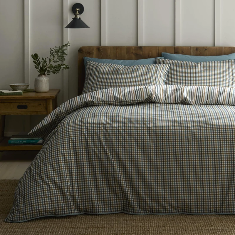 Appletree Loft Micro Check Green Duvet Cover Set King – Piping Trim Bedding – Breathable Cotton – Includes 1 Duvet Cover (220 x 230cm) & 2 Pillowcases – Green Check Bedroom Set