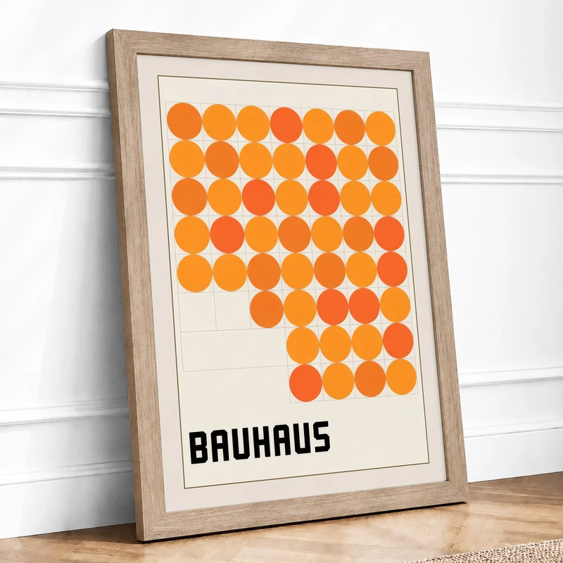 Bauhaus Circles Geometric Framed Wall Art Print A1 (84.1×59.4cm) Oak, Wall Decor for Living Room, Bedroom, Office & Home, Ready to Hang, Art Gift