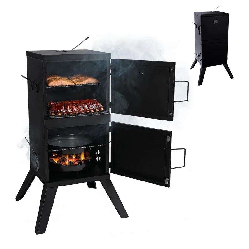Relaxdays Smoker, Meat & Fish, 2 Levels, Thermometer, Charcoal, Black