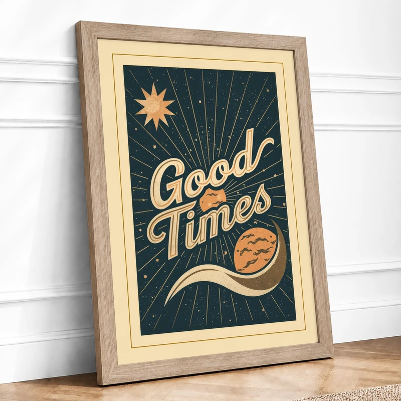 Good Times Vintage Framed Wall Art Print A1 (84.1×59.4cm) Oak, Wall Decor for Living Room, Bedroom, Office & Home, Ready to Hang, Art Gift