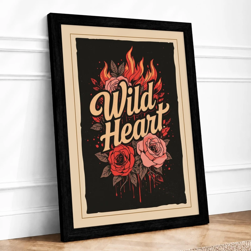 Wild Heart Typography Framed Wall Art Print A1 (84.1×59.4cm) Black, Wall Decor for Living Room, Bedroom, Office & Home, Ready to Hang, Art Gift
