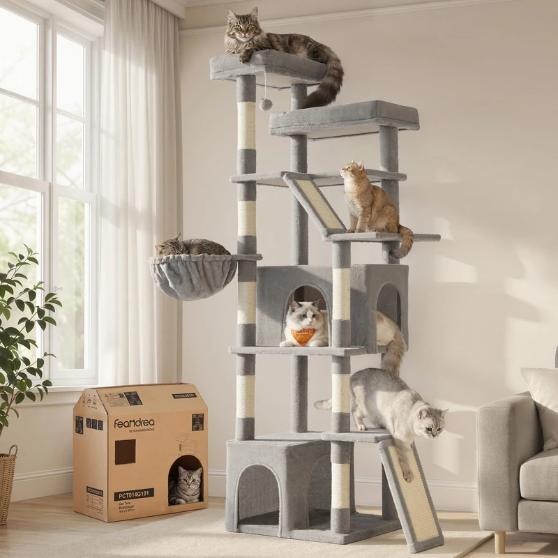 Feandrea Cat Tree, Sturdy Multi-Level Tower with Sisal Scratching Posts and Boards, 55 x 45 x 185 cm, Light Grey Activity Centre for Large Cats, Clawfy Collection PCT014G101