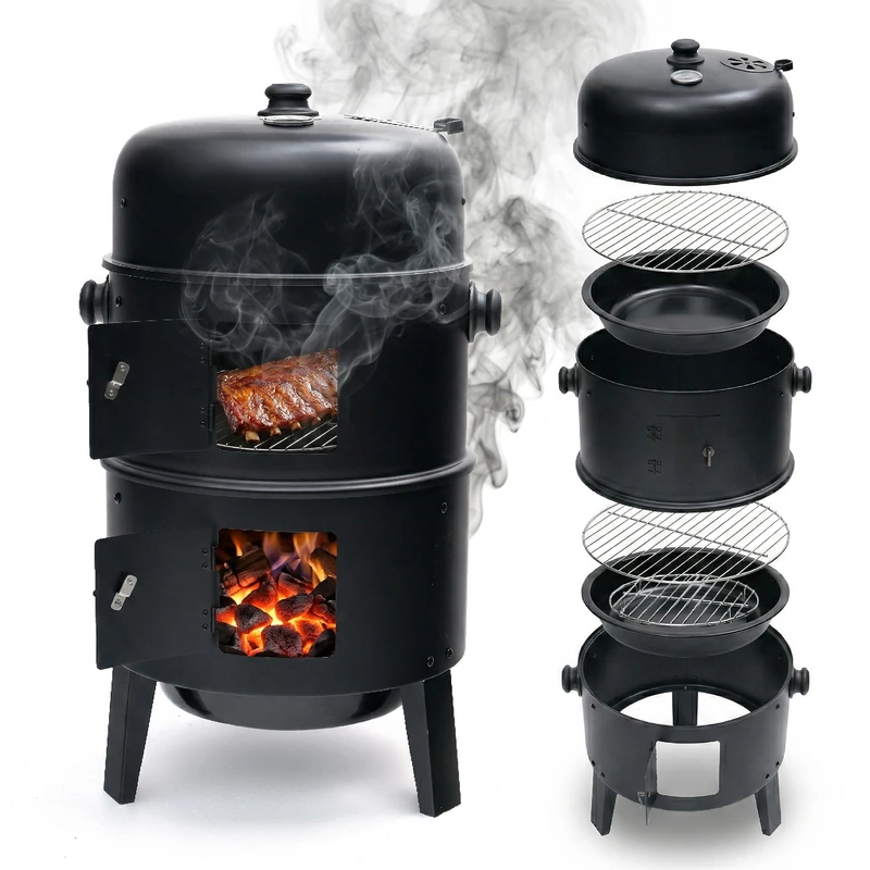 Relaxdays 3-in-1 Smoker/Grill/Cooker, HxWxD: 79 x 47.5 x 42 cm, black
