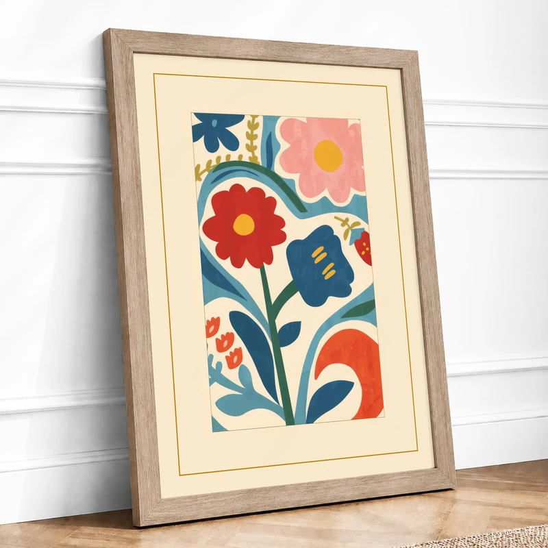Folk Garden Botanical Framed Wall Art Print A1 (84.1×59.4cm) Oak, Wall Decor for Living Room, Bedroom, Office & Home, Ready to Hang, Art Gift