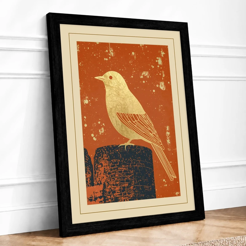 Perched Bird Study Japandi Framed Wall Art Print A1 (84.1×59.4cm) Black, Wall Decor for Living Room, Bedroom, Office & Home, Ready to Hang, Art Gift