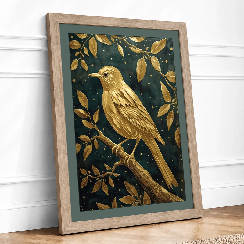 Golden Songbird Japandi Framed Wall Art Print A1 (84.1×59.4cm) Oak, Wall