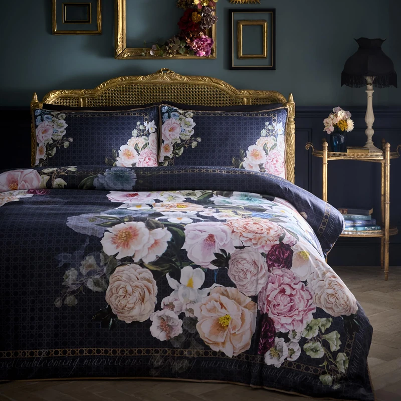 Laurence Llewelyn-Bowen Bouquet List Navy Duvet Cover Set Super King – Floral Piping Trim Bedding – Breathable Cotton – Includes 1 Duvet Cover (260 x 220cm) & 2 Pillowcases – Navy Floral Bedroom Set - Image 1