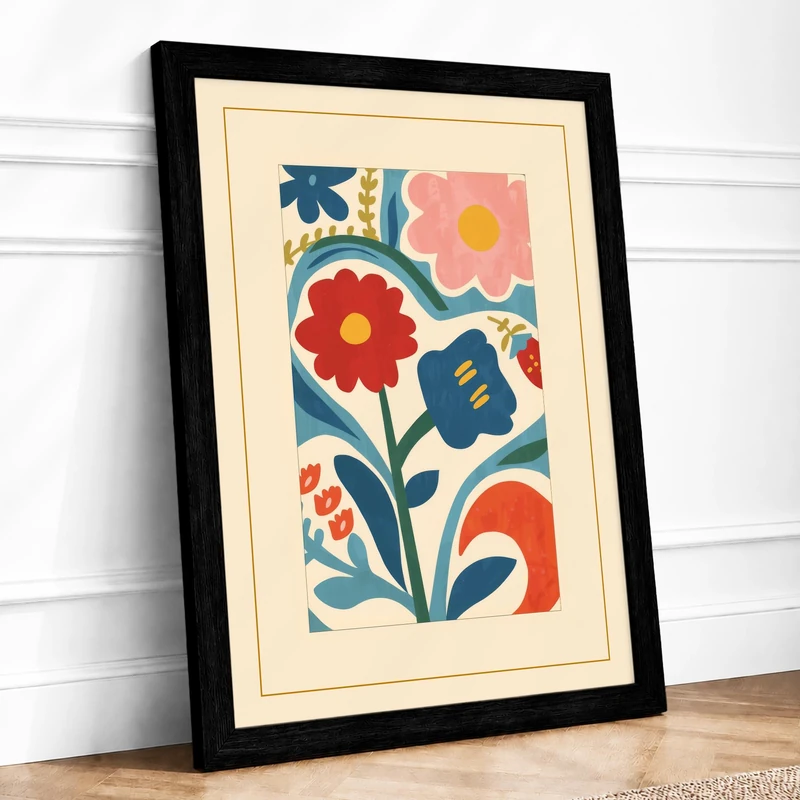 Folk Garden Botanical Framed Wall Art Print A1 (84.1×59.4cm) Black, Wall Decor for Living Room, Bedroom, Office & Home, Ready to Hang, Art Gift