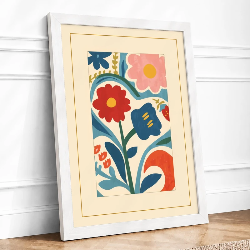 Folk Garden Botanical Framed Wall Art Print A1 (84.1×59.4cm) White, Wall Decor for Living Room, Bedroom, Office & Home, Ready to Hang, Art Gift - Image 1