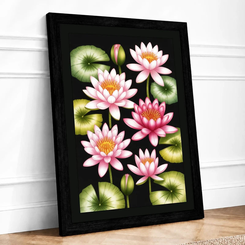 Water Lilies in Bloom Botanical Framed Wall Art Print A1 (84.1×59.4cm) Black, Wall Decor for Living Room, Bedroom, Office & Home, Ready to Hang, Art Gift