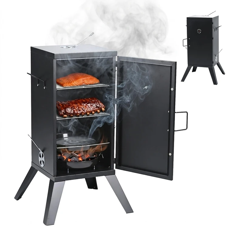 Relaxdays Smoker, 1 door, 2 chrome grill racks (LFGB), thermometer, HxWxD: 108.5×57×56 cm, steel, black