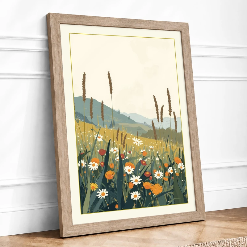 Meadow in Bloom Botanical Framed Wall Art Print A1 (84.1×59.4cm) Oak, Wall Decor for Living Room, Bedroom, Office & Home, Ready to Hang, Art Gift - Image 1