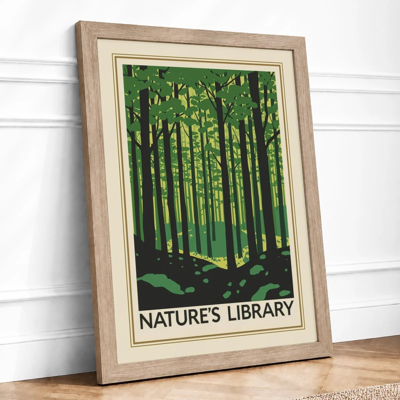 Nature's Library Vintage Framed Wall Art Print A1 (84.1×59.4cm) Oak, Wall Decor for Living Room, Bedroom, Office & Home, Ready to Hang, Art Gift