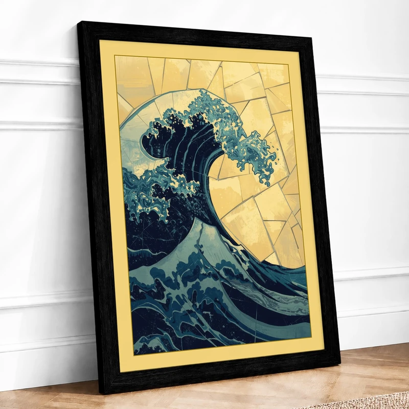 Wave and Mountain Japandi Framed Wall Art Print A1 (84.1×59.4cm) Black, Wall Decor for Living Room, Bedroom, Office & Home, Ready to Hang, Art Gift
